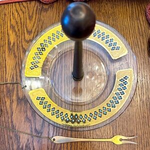 Vintage RARE Culver Seville Serving Tray Wood Carrier & Serving Fork Signed